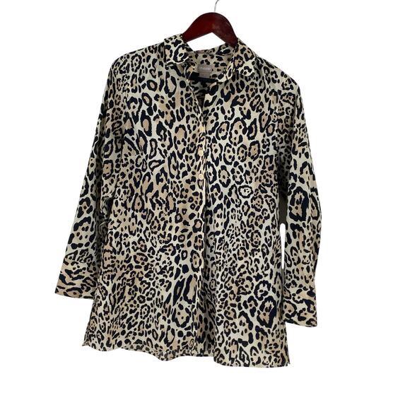 Chicos animal print tunic length button down shirt size 0, 4-6 cheetah pockets - Picture 1 of 8